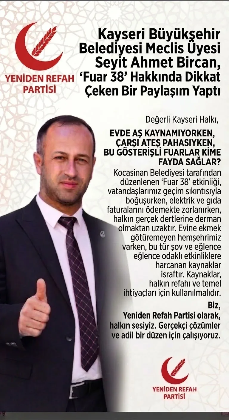 Yeniden Refah Partili Bircan'dan 'Fuar 38' Tepkisi: "Bu Gösterişli Fuarlar Kime Fayda Sağlar?"