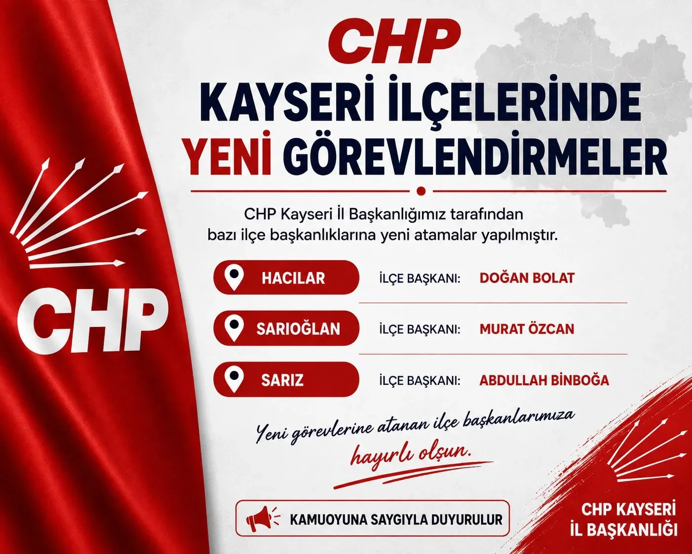 CHP Kayseri teşkilatında 3 ilçeye yeni başkan görevlendirmesi