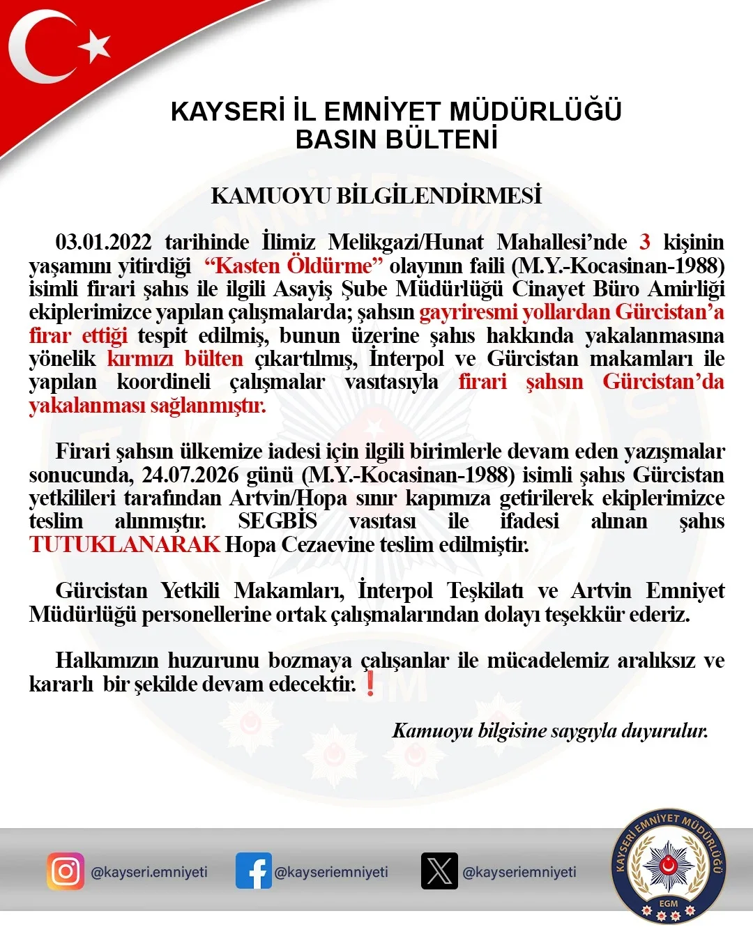 Kayseri'deki 3 cinayetin firari şüphelisi Gürcistan'da yakalandı, tutuklandı