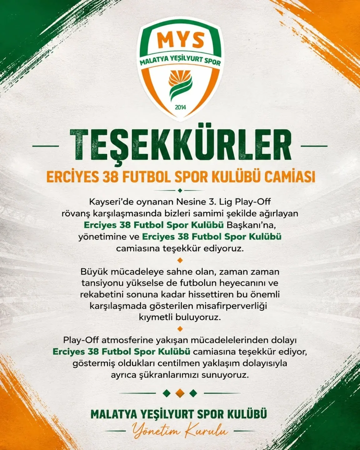 Malatya Yeşilyurtspor’dan Erciyes38 FK’ya Teşekkür Mesajı