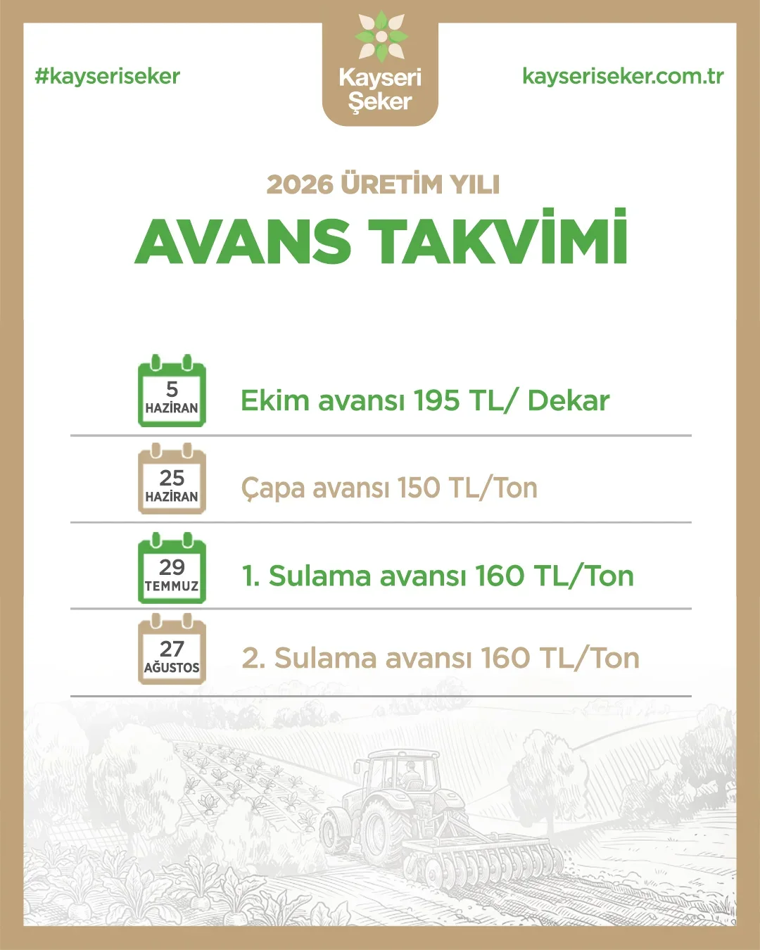 Kayseri Şeker 2026 Üretim Yılı Avans Takvimini Açıkladı