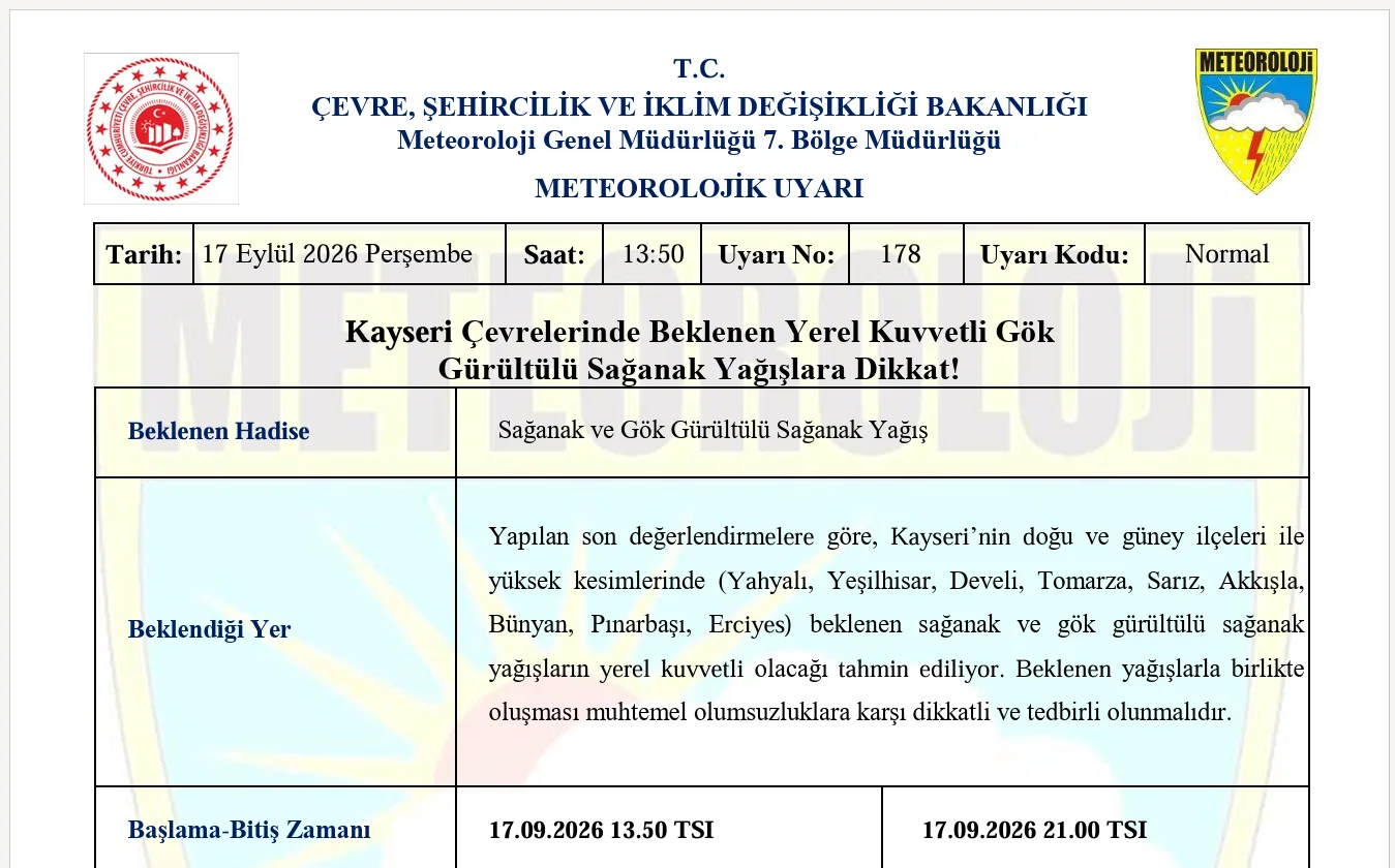 Kayseri için kuvvetli yağış uyarısı