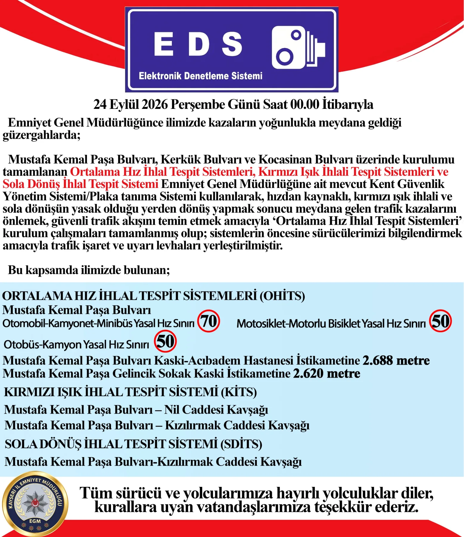 Kayseri'de Trafikte Yeni Dönem: EDS 24 Eylül'de Devreye Giriyor