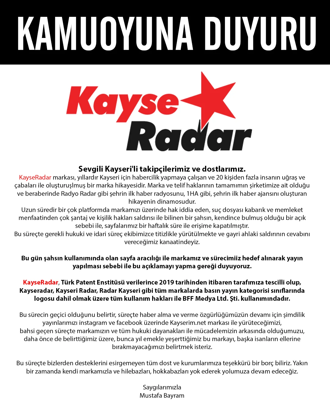 KayseRadar’dan Erişim Engeli Açıklaması: “Markamız Tescillidir, Hokkabazlara Bırakmayız”