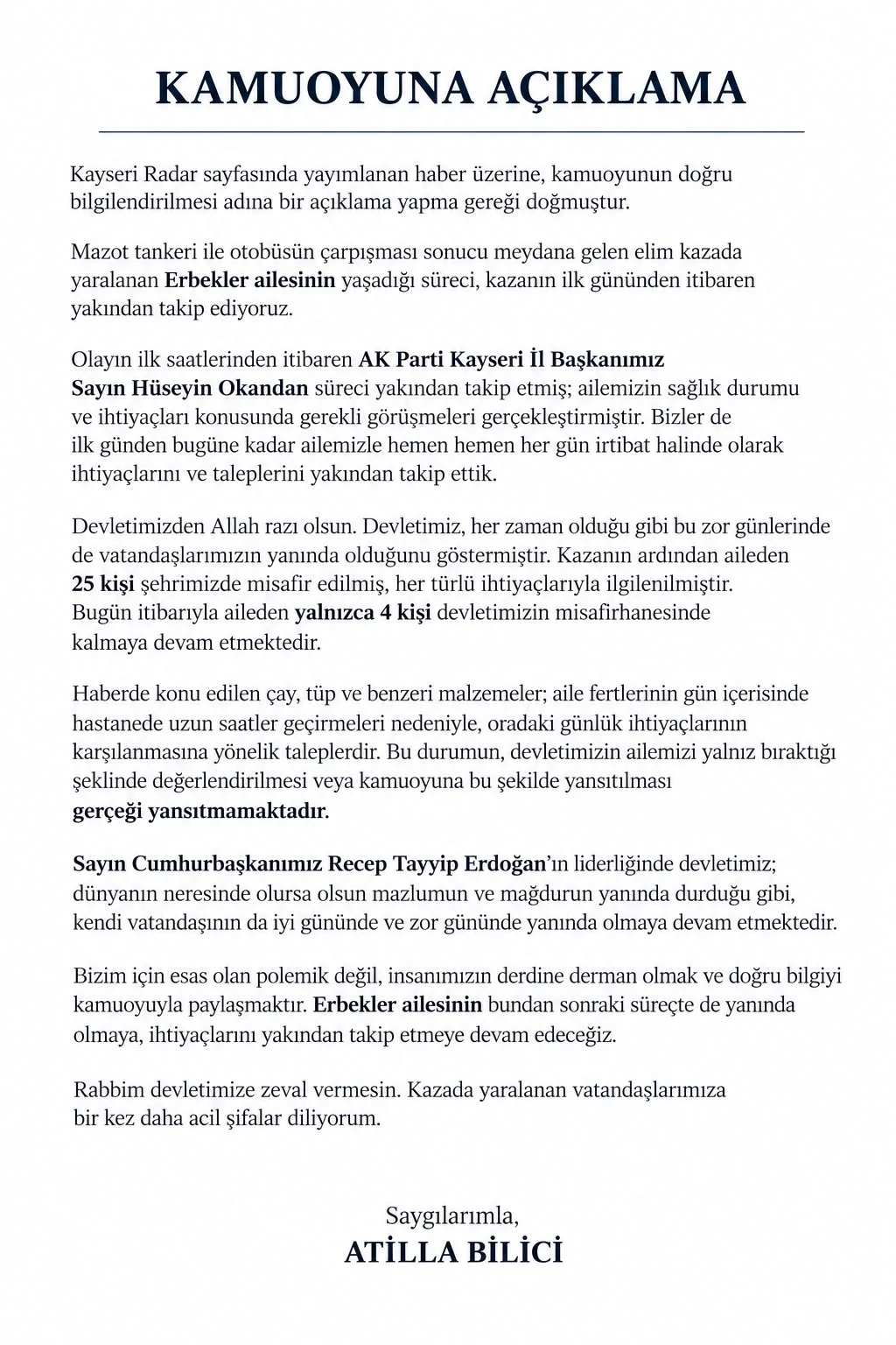 Atilla Bilici’den Erbekler ailesi için açıklama