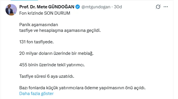 Gündoğan’dan fon tasfiyeleri değerlendirmesi: 455 bini aşkın yatırımcı