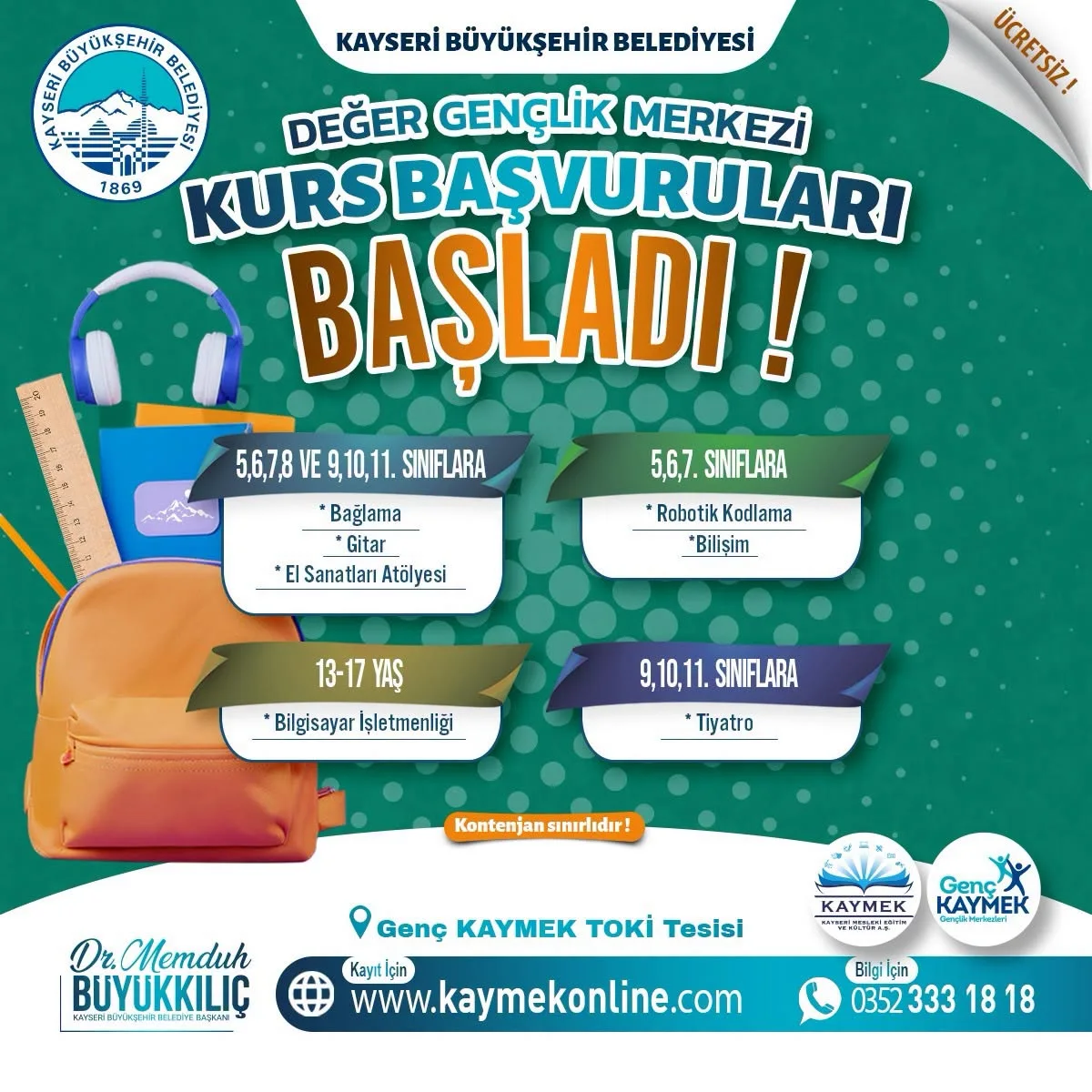 Büyükşehir’in Değer Gençlik Merkezi’nde kurs başvuruları başladı