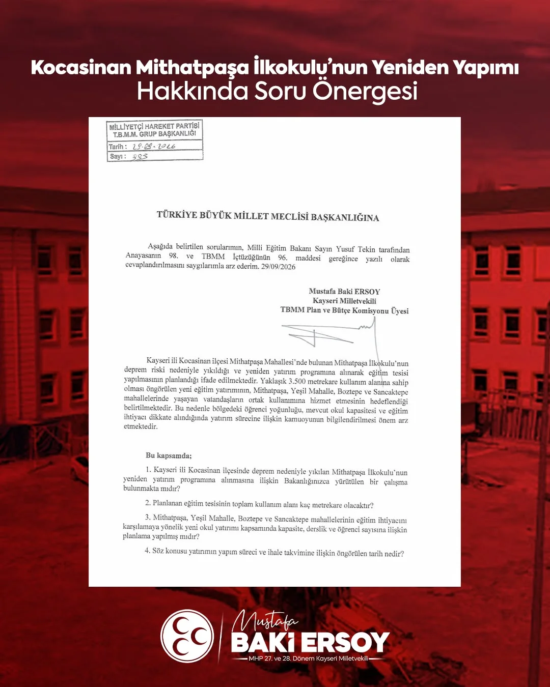 Baki Ersoy, Mithatpaşa İlkokulu’nun yeniden yapım takvimini Bakan Tekin’e sordu