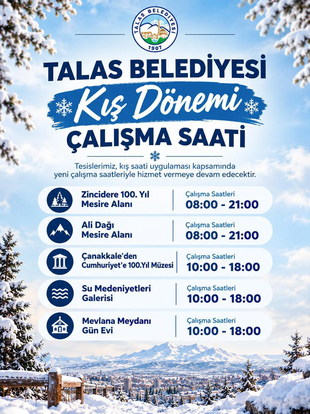 Talas’ta belediye tesislerinde kış saatleri başladı