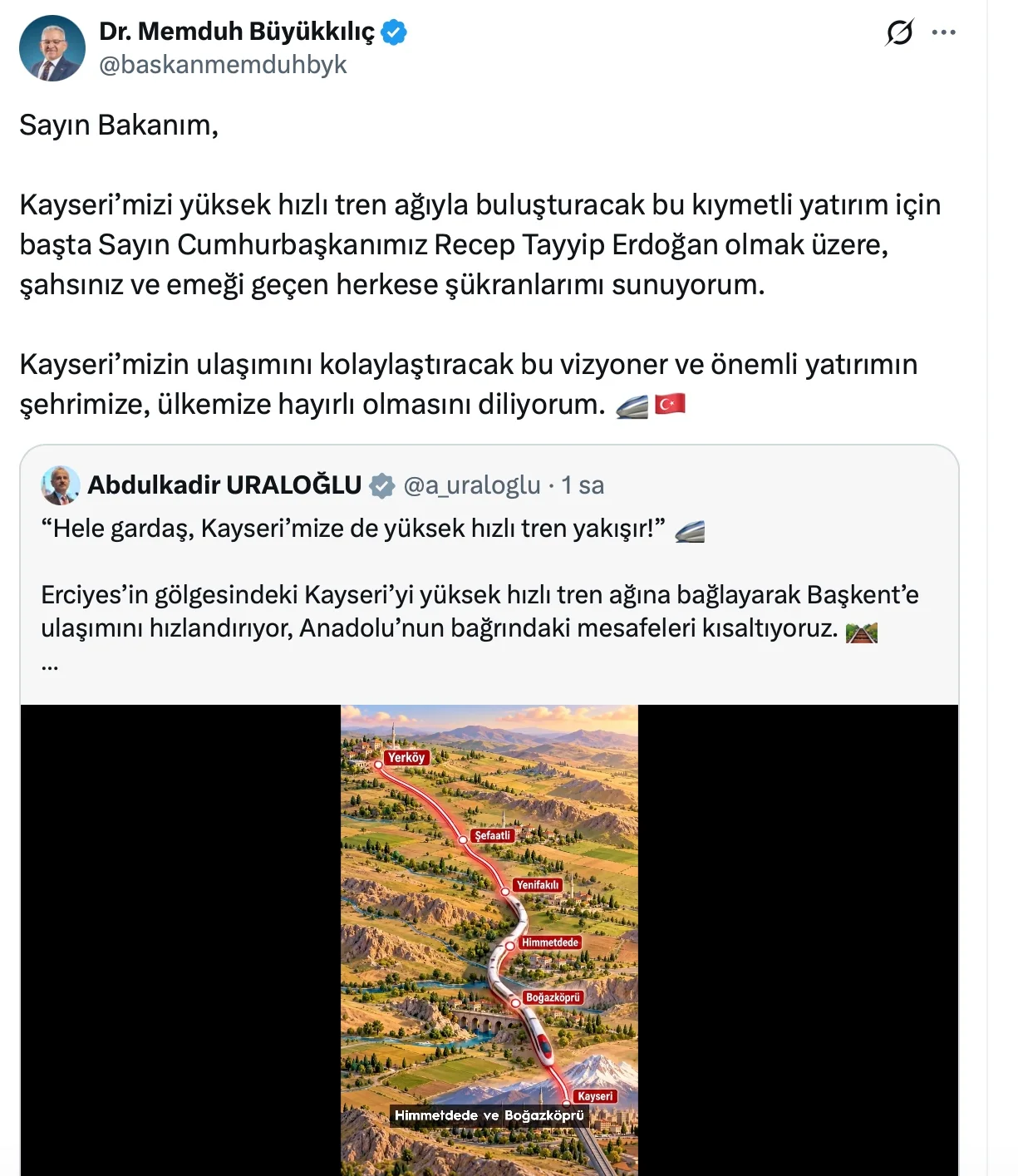 Başkan Büyükkılıç’tan Bakan Uraloğlu’na Yüksek Hızlı Tren teşekkürü