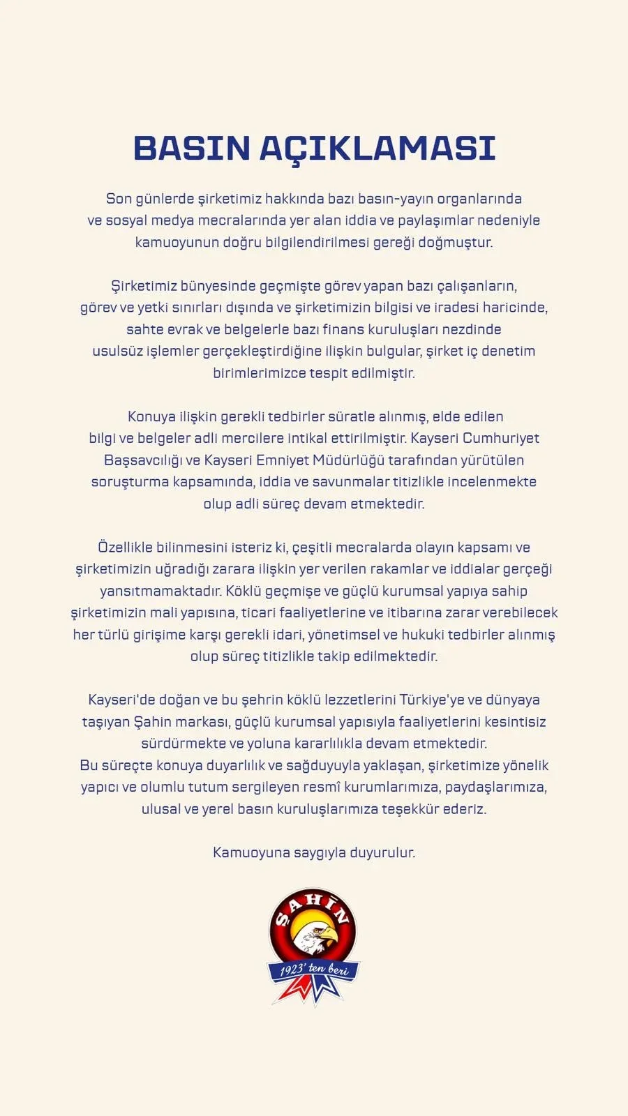 Şahin Sucukları’ndan iddialara ilişkin açıklama