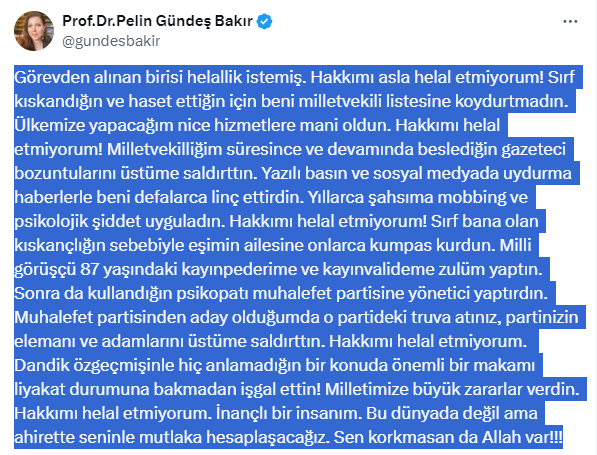 Prof. Dr. Pelin Gündeş Bakır'dan Mehmet Özhaseki'ye Sert Tepki: "Hakkımı Helal Etmiyorum!"