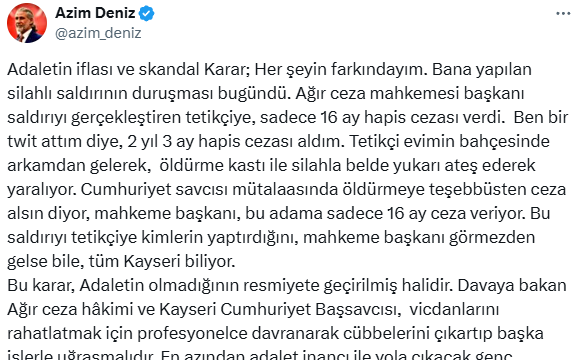 Kayserili Gazeteci Azim Deniz'den Adalet Eleştirisi: "Saldırgana Sadece 16 Ay Ceza Verildi"