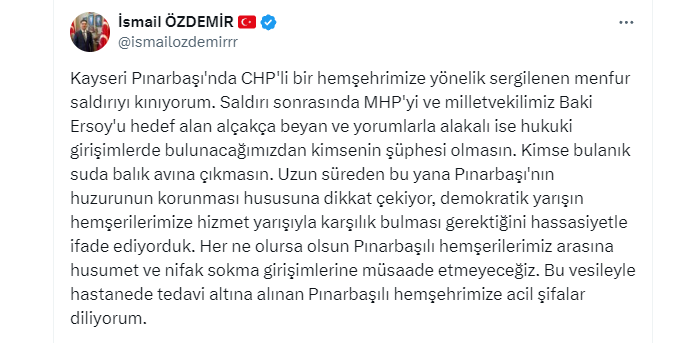 İsmail Özdemir: 'Menfur Saldırıyı Kınıyoruz, Provokasyonlara Geçit Vermeyeceğiz'